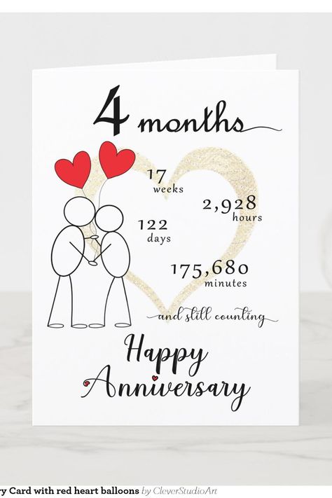 4 Month Anniversary Card with red heart balloons 5 Month Anniversary, 4 Month Anniversary, 3 Month Anniversary, Red Heart Balloons, Month Anniversary, Anniversary Cards For Boyfriend, Anniversary Cards For Wife, Anniversary Cards For Husband, Happy Anniversary Cards