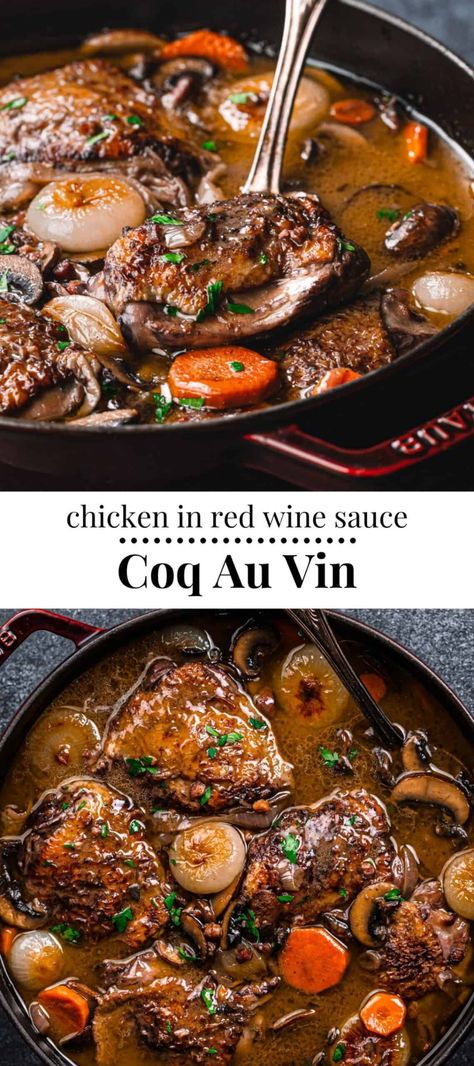 French Braised Chicken, Red Wine Recipes Cooking, Chicken In Wine Sauce, Cooking With Red Wine, Red Wine Chicken, Coq Au Vin Recipe, French Chicken, Red Wine Recipe, Braised Chicken Thighs