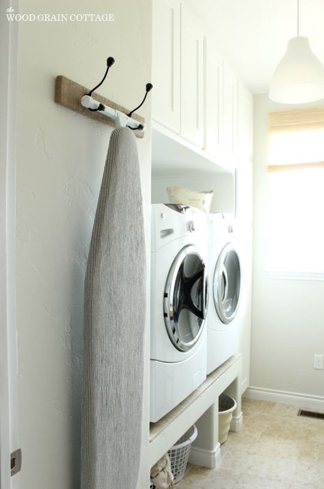 Hanging Ironing Board Rack Hanging Ironing Board, Dirty Laundry Storage, Ironing Board Storage, Board Storage, Small Laundry Room, Small Laundry, Storage Places, Laundry Room Storage, Laundry Mud Room