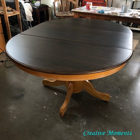 Do you have a furniture piece that has a great finish but the stain color is not what you want? Follow how I used a product that can change the color OVER an existing finish. Table before    This round oak table had been refinished by the former owner so there was no need to strip, sand and restain BUT with a new gel stain from Fusion Mineral Paint I knew I could update the color without doing all that work. Here are many other dining table tutorials that were stripped and or painted.F… Ideas For A Small House, Round Oak Table, Kitchen Table Ideas, Dining Table Guide, Painted Kitchen Tables, Dining Table Makeover, Dark Wood Table, Kitchen Table Makeover, Staining Furniture