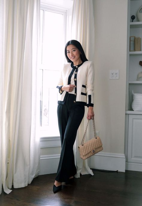 Black Trouser Outfit, Women's Pant Suits, Tweed Blazer Outfit, White Blazer Outfit, Chanel Inspired Outfit, Tweed Jacket Outfit, Tweed Sweater, Tweed Outfit, Extra Petite