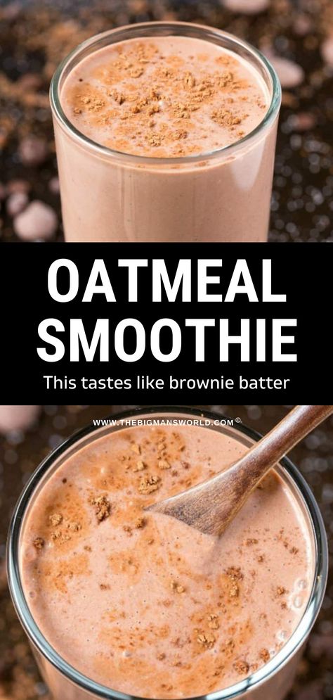 This oatmeal smoothie is thick, creamy, and packed with healthy and wholesome ingredients! Ready in seconds, it’s perfect for a fast and delicious breakfast. Brownie Batter Oatmeal, Healthy Brownie Batter, Pb Smoothie, Oatmeal Smoothies Healthy, Oatmeal Shake, Banana Oatmeal Smoothie, Healthy Brownie, Cafe Drinks, Delicious Oatmeal