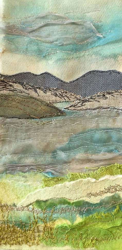 Machine Embroidery Workshops — Sue Nicholls Designs Fiber Art Landscapes, Landscape Textile Art, Free Hand Machine Embroidery, Landscape Applique, Landscape Quilts Ideas, Applique Landscape, Stitched Landscapes, Landscape Textiles, Fabric Landscapes