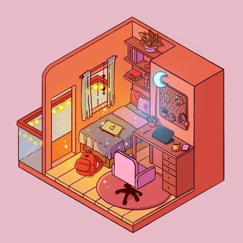 Isometric room by Nadiya Parapustyakova on Dribbble Cute Isometric Room, Room Art Reference, Isometric Room Art, Isometric 3d Room, Isometric Art House, Isometric Room Drawing, Isometric Room 3d, Isometric Art Illustration, Isometric Reference