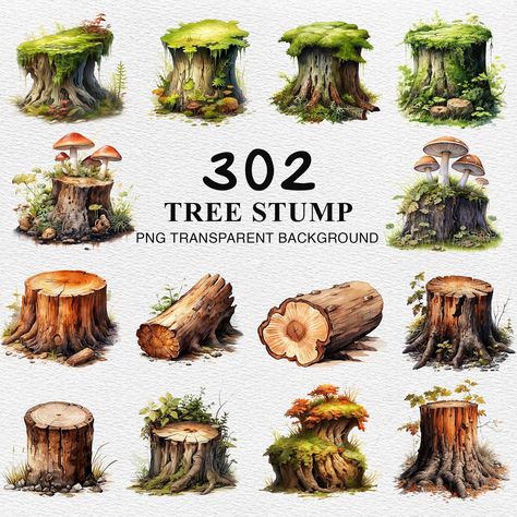 Tree Stump Mushroom, Mushroom On Tree, Tree Stump Art, Mossy Tree, Journaling Scrapbook, Tree Watercolor, Tree Clipart, Scrapbook Digital, Watercolor Tree