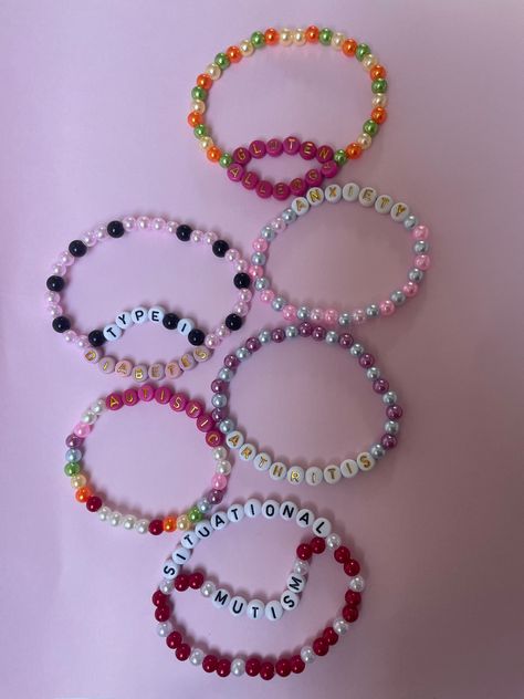 Personalised beaded disability, medical condition and chronic illness bracelets. Used for medical identification or emergency information for medical/ emergency services as well as awareness. Mental Health Bracelets Diy, Claybead Bracelet, Pulseras Kandi, Health Bracelet, Medical Emergency, Medical Bracelet, Awareness Bracelet, Bracelet Ideas, Personalized Bracelets