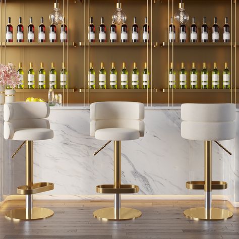 Swivel Bar Stool with Backrest Adjustable Height Beige Velvet Upholstery in Gold Finish Glam Bar Stools, Arizona Interior Design, Grey White Kitchen, Luxury Bar Design, Latin Restaurant, Luxury Apt, Maximalist Apartment, Havenly Dining Room, Cartier Bangle