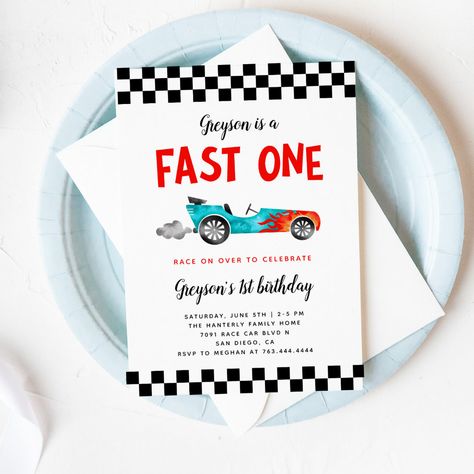 FAST ONE Race Car Boy 1st Birthday Party Invitation Cute race car theme kid's 1st birthday party invitation card featuring illustration of a blue vintage car with flames. The text says "XX is a FAST ONE." Two Fast Two Furious, 2nd Birthday Party For Boys, Boys 1st Birthday Party Ideas, Race Car Birthday Party, Cars Theme Birthday Party, Race Party, Birthday Collage, 1st Birthday Party Invitations, 1st Birthday Themes