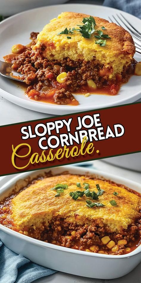 Ingredients: 1 pound ground beef 1/2 cup onion, chopped 1/2 cup green bell pepper, chopped 1 can (15 ounces) sloppy joe sauce 1 box (8.5 ounces) cornbread mix 1/3 cup milk 1 egg 1 cup shredded cheddar cheese #cornbread #easyrecipes #camilarecipes Weight Watchers Sloppy Joe Casserole, Crockpot Sloppy Joe Casserole, John Wayne Casserole With Cornbread, Hamburger Meat And Cornbread Recipes, Mexican Casserole With Beef Cornbread, Cornbread Sloppy Joe Casserole Jiffy, Sloppy Joe Cornbread Bake, Sloppy Joe Casserole Cornbread, Cheesy Cornbread Casserole