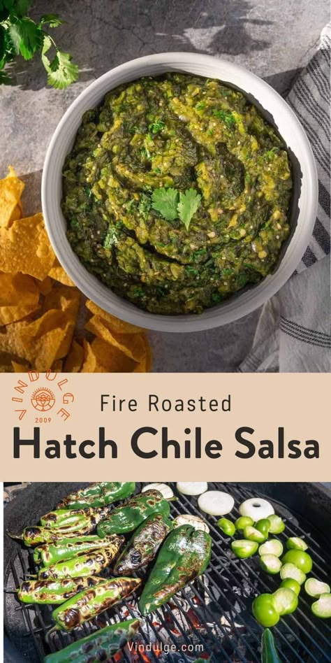 Fire Roasted Hatch Green Chile Salsa Recipe  - Vindulge Hatch Chili Salsa, Green Chile Salsa Recipe, Chili Pepper Hot Sauce Recipe, Chile Salsa Recipe, Chili's Salsa Recipe, Hatch Chili Peppers, Green Chile Salsa, Hatch Green Chili Recipe, Green Chili Salsa