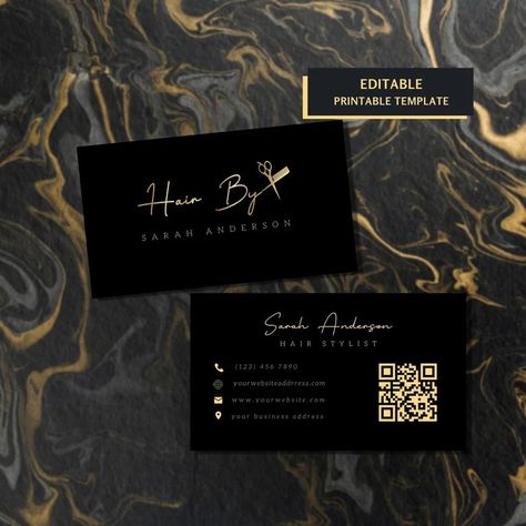 Custom Business Card for Hairstylist Hairdressers, QR Code Hairstylist Business Card Template, Lux Black Gold Barber Business Card Template - Etsy Canada Hair Stylist Cards Business, Rebranding Hair Business, Business Card Hairstylist, Hair Stylist Business Cards Design, Hair Stylist Business Cards, Hairdresser Business Cards, Barber Business Cards, Hair Salon Business, Beauty Salon Business Cards