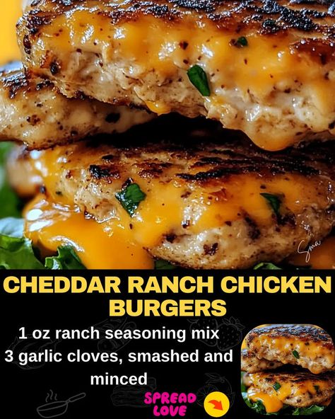 Cheddar Ranch Chicken Burgers Cheddar Ranch Chicken Burgers, Cheddar Ranch Chicken, Ground Chicken Burgers, Cheeseburger Meatloaf, Burgers Recipes, Mexican Casserole Recipe, Chicken Burgers Recipe, Chicken Ranch, Chicken Parmesan Pasta