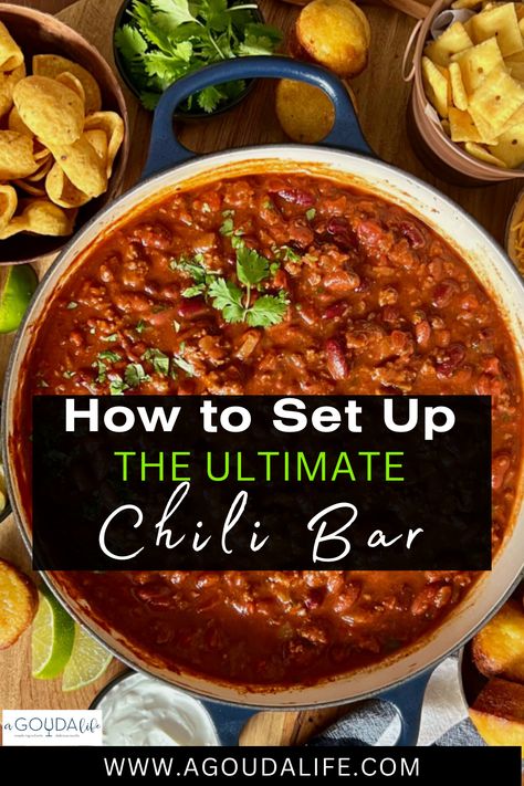 Chili Bar Appetizers, Chili Bonfire Party, Chili For A Party, Chili And Soup Party, Super Bowl Chili Bar, Best Chili Recipe For A Crowd, Chili Cuterie Board, Chili Party Ideas Dishes, Chilli Cook Off Ideas