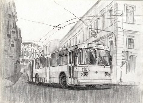 Bus In Perspective, Bus Sketch, One Perspective Drawing, Drawing Vehicles, Toronto Tattoo, Bus Art, Nana Manga, Pen Art Drawings, Perspective Art