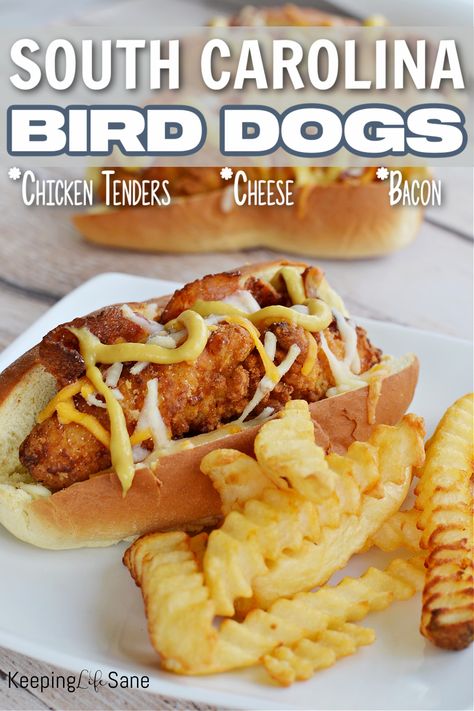 I bet you've never heard of a South Carolina bird dog. Your family is going to love this meal with chicken tenders, bacon and cheese so make sure to add it to your menu. Bird Dog Recipe, Meal With Chicken, South Carolina Food, Hot Dog Chili Sauce, Bacon And Cheese, Chicken For Dogs, Bird Dog, Hot Dog Recipes, Burgers Sandwiches