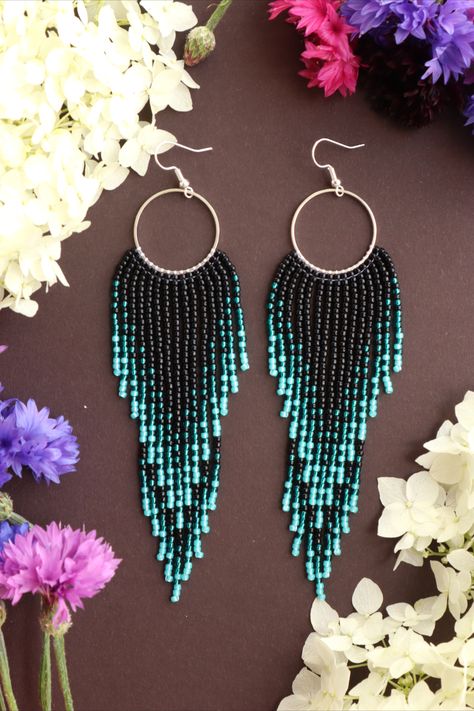 Handmade item Length: 12.5 Centimetres; Width: 3.5 Centimetres Fringe Hoop Earrings, Bead Fringe Earrings, Seed Bead Jewelry Patterns, Beadwork Earrings, Ombre Earrings, Earrings Bead, Bead Fringe, Earrings Turquoise, Black Chandelier