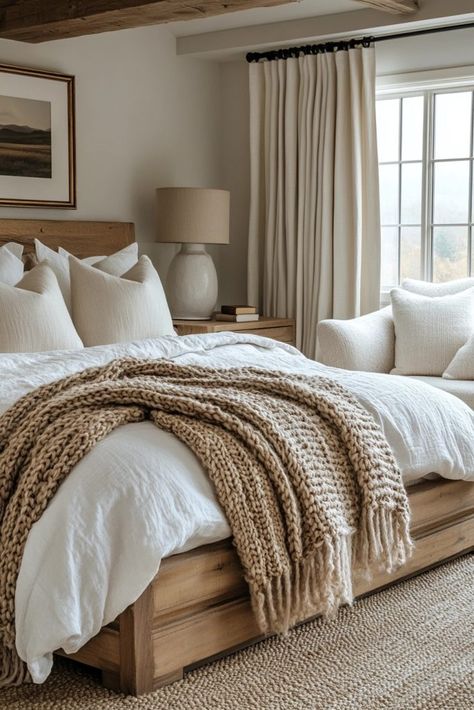 29 Organic Modern Bedroom Ideas to Create a Peaceful Sanctuary 23 Bedroom Inspirations With Wood Bed, Bed Frame King Master Bedrooms, White And Wood Room Bedrooms, Crate Barrel Bedroom, Bedroom Curtains And Bedding, King Size Bed Inspiration, Primary Bedroom Aesthetic, Clean Crisp Bedroom, Guest Bedroom King Bed