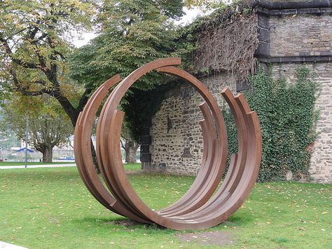 Koblenz, Germany Koblenz Germany, Wine Barrel Rings, Rusted Steel, Yard Sculptures, Globe Art, Beer Hall, Large Artwork, Steel Sculpture, Metal Art Sculpture