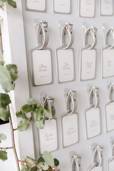 A Botanical Inspired Event for Liz and Andrew - Escort card display, travel tag escort display, unique wedding decor. Wedding photography of outdoor wedding inspiration for brides, tent weddings, mother of the bride, bridesmaids and groomsmen, summer wedding inspiration. Vineyard weddings in Richmond, VA. Glint Events: Wedding and Event Planning in Central Virginia, Charlottesville and Washington DC | Alex Tenser Photography, Upper Shirley Vineyards Name Card Display Wedding, Luggage Tag Seating Chart, Bosveld Troue, Black Champagne Wedding, Luggage Tags Diy, Tent Weddings, Wine Garden, Vineyard Weddings, Wedding Coasters Favors