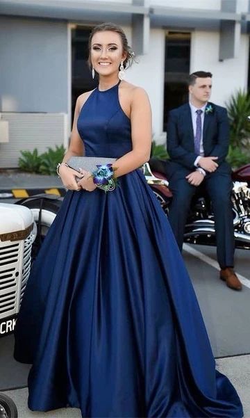 f337d999d9ad116a7b4f3d409fcc6480desc34934785ri Plain Prom Dresses, Prom Dress Halter, Blue Long Prom Dress, Navy Prom Dresses, School Dance Dresses, Halter Prom Dresses, Winter Formal Dresses, Prom Dresses Sleeveless, Dress Halter