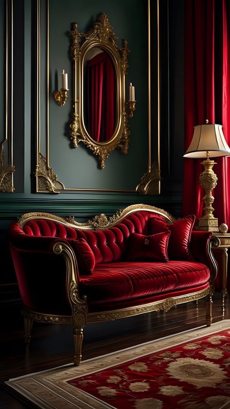 Teal And Red Living Room, Red Velvet Bedroom, Victorian Couches, Baroque Room, Classical Sofa, Victorian Couch, Red Velvet Sofa, Tasty Peach, Interior Design Living Room Modern