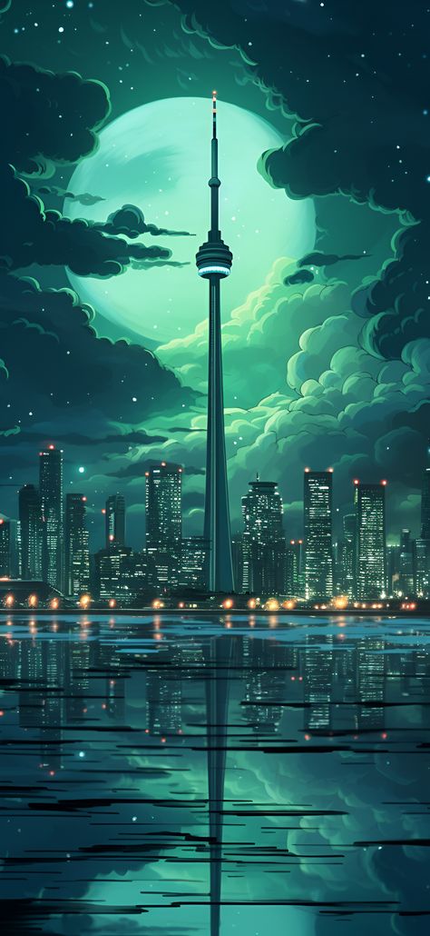 Vibrant turquoise aesthetic image of the Toronto skyline including the CN Tower. Toronto Hd Wallpaper, Turquoise Aesthetic Wallpaper Iphone, Toronto Wallpaper Iphone, Torquise Aesthetic Wallpaper, 1080p Aesthetic Wallpaper, Green City Wallpaper, Aesthetic Turquoise Wallpaper, Cn Tower Wallpaper, Cn Tower Tattoo