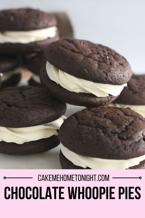 Chocolate whoopie pies are easy to make from scratch! No cake mix needed for this recipe. Chocolate cake cookies with vanilla buttercream filling. Whoopee Pie, Whoopie Pie Filling, Whoopie Pie Recipe, Chocolate Whoopie Pies, Kitchen Notes, Chocolate Cake Cookies, Whoopie Pie, Vintage Cakes, Kolaci I Torte