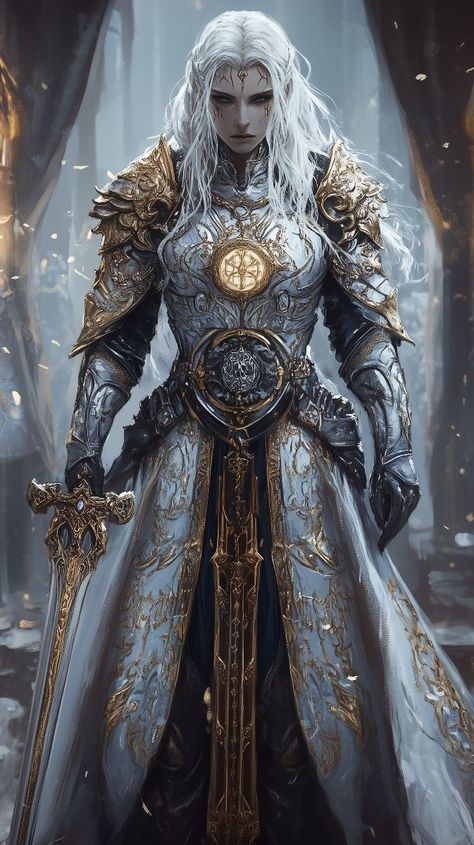 Seductive Female Character Art, Female Armor Dress, Female Warrior Character Design, Hands Gripping, Ornate Armor, Silver Armor, Determined Expression, Gold Armor, Silver Knight