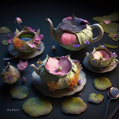 Tea Set of the Fae 1 by Beep Boop Art Fantasy Tea Set, Artistic Food, Fancy Tea, The Fae, Clay Inspiration, Fantasy House, Tea Art, Tea Sets, Happy Colors