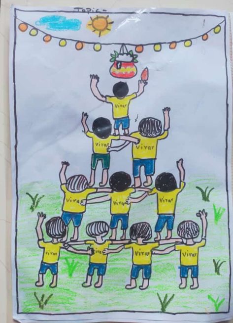 Janmashtami Collage, Dahi Handi Drawing For Kids, Dahihandi Drawing, Dahi Handi Drawing, Toddler Drawing, Butterfly Art Drawing, Drawing Kids, Krishna Drawing, Cool Pencil Drawings