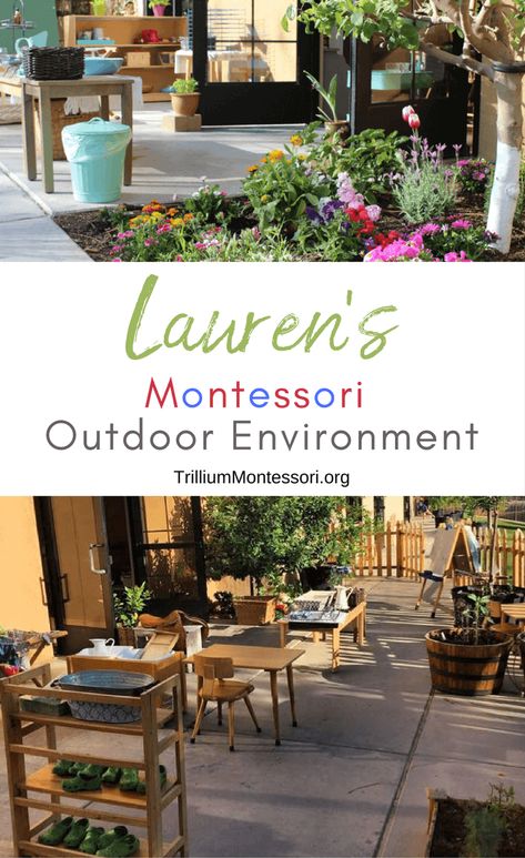 A tour of Lauren's outdoor Montessori classroom environment Montessori Garden Ideas, Montessori School Room, Small Montessori Classroom, Outdoor Classroom Ideas Preschool, Outdoor Preschool Environments, Montessori Outdoor Environment, Natural Daycare, Montessori School Design, Outdoor Homeschool