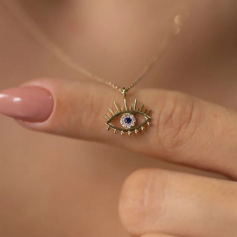 14K Gold Diamond Evil Eye Necklace for Woman/ 14K Gold Eye - Etsy Necklace Evil Eye, Evil Eye Necklace Gold, Diamond Evil Eye, Albany Ny, Evil Eye Ring, Gold Eyes, Classy Jewelry, Fancy Jewellery, Blue Evil Eye