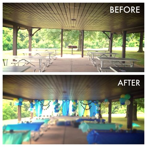 Snapshot of the park pavilion before and after we set up for the graduation party. Park Pavilion Decor, Decorate Pavilion Birthday, Pavilion Birthday Decor, Birthday Pavilion Decorations, Decorating Pavilion For Party, Party At Park Decorations, Birthday Party Pavilion Decorations, Park Shelter Birthday Party Decorations, Park Decorations Birthday