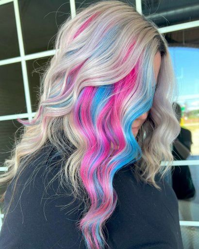 Blonde Hair With Color Money Piece, Fun Summer Colors For Hair, Blonde Pink And Blue Hair, Blonde And Pastel Hair, Blonde And Vivid Hair Color, Blonde Hair Color Ideas 2024, Platinum Pink Hair, Fun Hair Color Ideas For Blondes, Blonde Hair With Colored Highlights