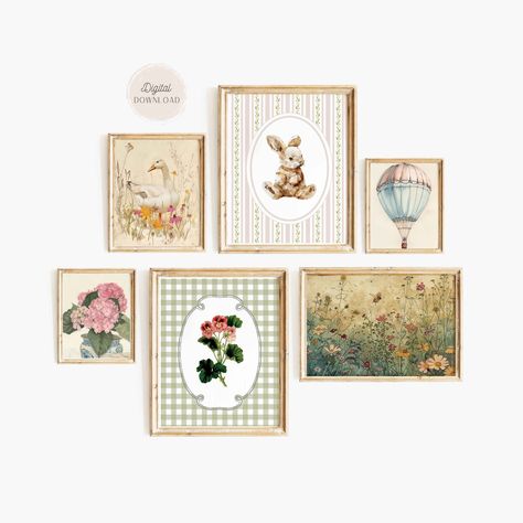 Bright Vintage Nursery, English Country Nursery Ideas, Nursery Wall Gallery, Vintage Woodland Art, Corner Gallery Wall Nursery, Diy Vintage Nursery Decor, Vintage Gallery Wall Nursery, Gallery Wall Over Crib, Vintage Rabbit Nursery