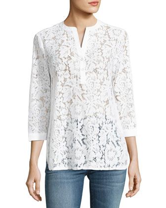 Poplin-Trim Lace Tunic Top by Tyler Boe at Neiman Marcus Last Call. Net Kurti, Modern Kebaya, Lace Tunic Tops, Lace Tunic, Cute Blouses, Bride Clothes, Beautiful Blouses, Last Call, Clearance Sale