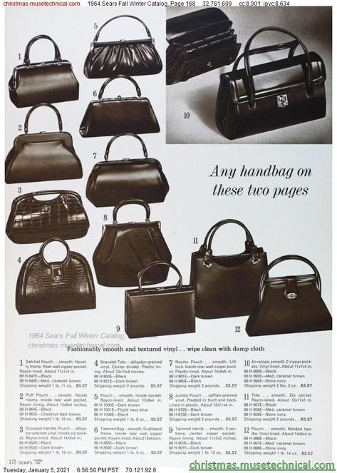 1964 Sears Fall Winter Catalog, Page 168 - Christmas Catalogs & Holiday Wishbooks 60s Bags Vintage, 60s Bags, Vintage Bags 1950s, Vintage Bag Pattern, Stylish Leather Bags, Bags Vintage, Christmas Catalogs, Vintage Purses, Classic Bags