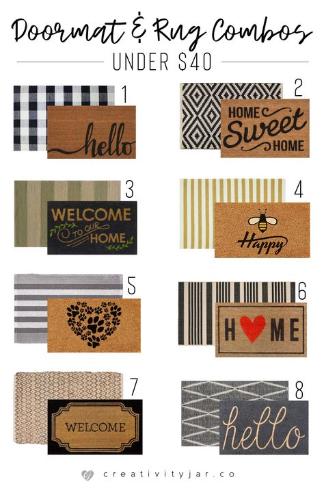 Update your entryway with these modern doormat and rug combos under $40. Get a trendy and affordable home decor look for less. Farmhouse Doormat Front Doors, Doormat Rug Layering, Doormat With Rug Under, Under Doormat Rug, Modern Front Door Mats, Outdoor Entry Rug Front Doors, Outdoor Mat Layering, Standing Planters Outdoor, Door Mat With Rug Under