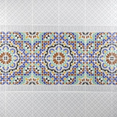 Drawing inspiration from the intricate tile work of the middle east, the field tile offers a stunning blend of colors with chromatic intensity and elaborate geometric shapes. This wall tile is best suited for showers, backsplashes, and fireplaces. Patterned Wall Tiles, Patterned Tile, Ceramic Subway Tile, Tile Ceramic, Spanish Style Home, Best Floor Tiles, Merola Tile, Bathroom Reno, Accent Tile