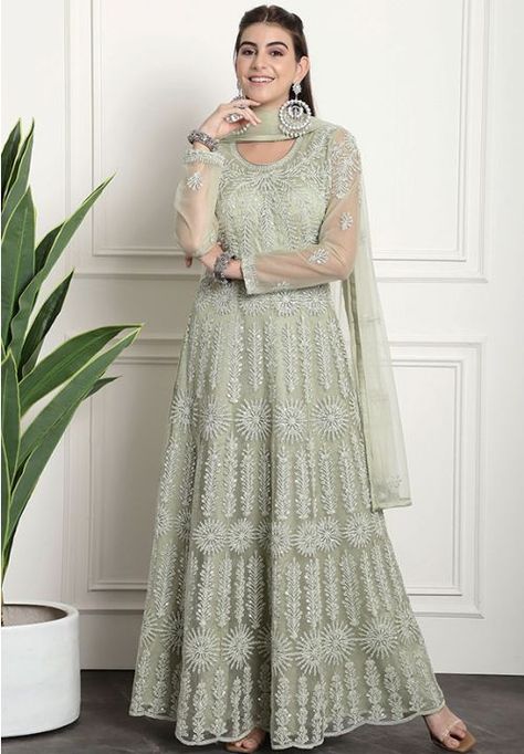 Pastel Green Embroidered Net Anarkali Suit Green Churidar, Grey Anarkali, Net Anarkali, Indo Western Dresses For Women, Green Anarkali, White Anarkali, Greenish Grey, Anarkali Salwar, Indo Western Dress