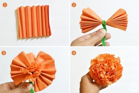 Mexican Flowers Diy, How To Make Marigolds With Tissue Paper, Ofrenda Flowers Diy, Cricut Marigold Flowers, Paper Marigold Garland Diy, How To Make Marigold Flowers, Diy Marigold Flowers Tissue Paper, Marigold Tissue Paper Flowers, Diy Paper Marigolds