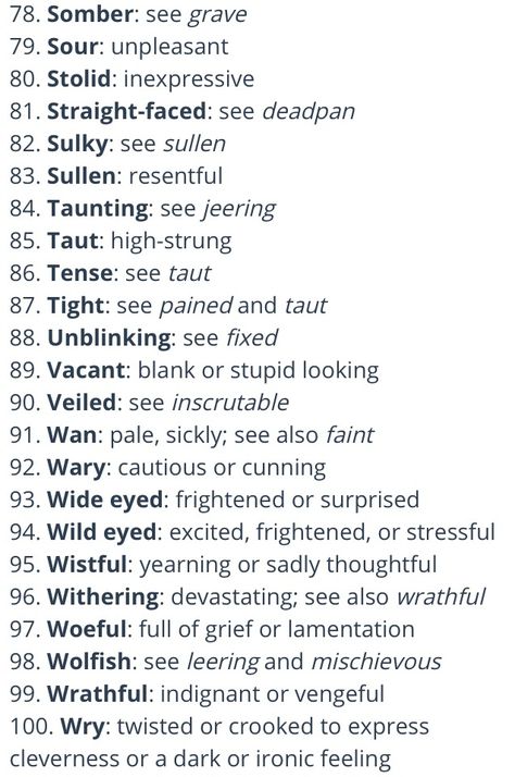 Facial Expressions Master list writing, books, tips, tools  81-100 Facial Expressions In Writing, Writing Face Expressions, How To Describe Facial Expressions, Facial Expressions Description, Words For Expressions, How To Write Facial Expressions, Facial Descriptions Writing, Facial Expressions For Writing, Setting Description Writing