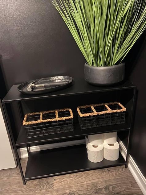 Black Bathroom Asethic, Men’s Bathroom Decor, Business Bathroom Ideas, Black Themed Bathroom, Black And Gold Bathroom Decor Ideas, Black Esthetician Room, Shop Bathroom Ideas, Men Bathroom, Bathrooms Decor