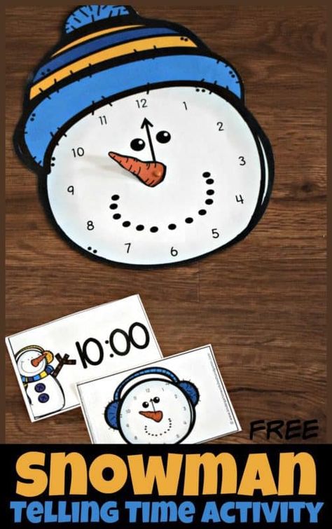 FREE Snowman Clock Activity for Kindergarten Math - so many fun ways to play this math game to help making learning to tell time to the hour fun for kids #kindergarten #kindergartenmath #clockactivity #tellingtime #wintermath #wintertheme #snowmantheme Easy Snow Globe Craft, Clock Activity, Winter Stem Activities, Winter Science Activities, Telling Time Activities, Winter Math Centers, Winter Science Experiments, Winter Math Activities, Snow Globe Crafts