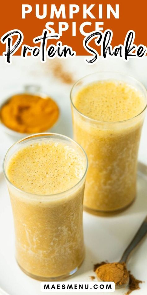 Pumpkin Protein Shake  - Mae's Menu Pumpkin Shake Recipe, Pumpkin Spice Protein Shake, Fall Snack Ideas, Simple Protein Shake Recipes, Pumpkin Protein Smoothie, Pumpkin Baking Recipes, Pumpkin Protein Shake, Healthy Fall Snacks, Pumpkin Shake