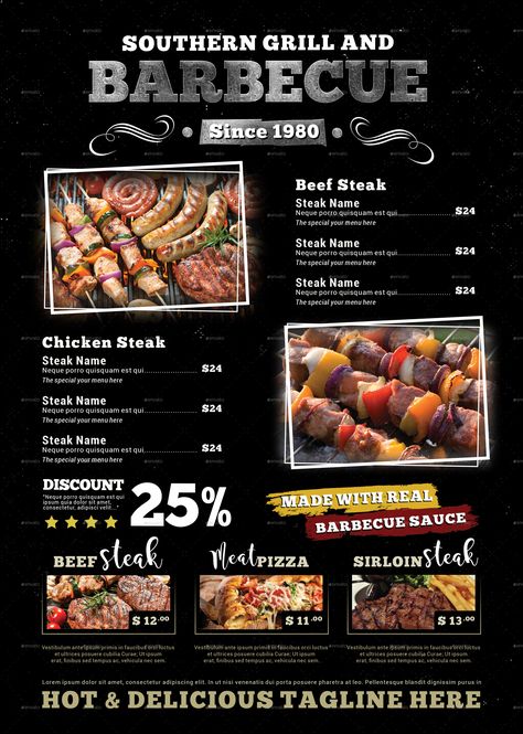 Grill Barbecue Restaurant Menu Template Preview - GraphicRiver Barbeque Wedding, Barbecue Wedding, Steak Menu, Ground Beef And Cabbage, Bbq Steak, Grill Barbecue, Grilling Menu, Bbq Menu, Sample Menu