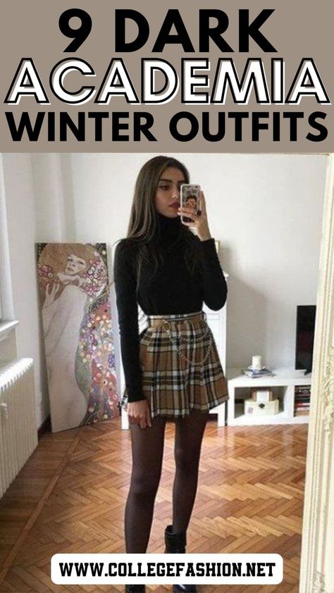 dark academia winter outfits Fall Tights Outfit Casual, Dark Academia Holiday Outfits, Dark Academia Trousers Outfit, Walking Downtown Outfit, Winter Outfit Dark Academia, Plaid Skirts Aesthetic, Skirt Outfits For Winter Aesthetic, Shein Dark Academia Outfits, Fall Dark Feminine Outfits