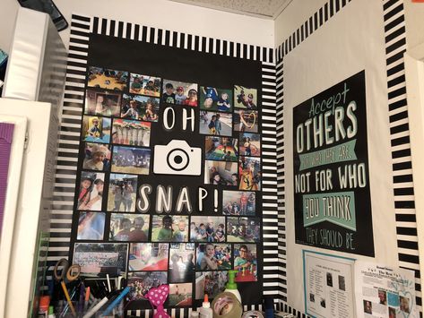 Photo Wall Classroom Ideas, Aftercare Classroom Ideas, Picture Wall In Classroom, Family Picture Wall Classroom, Classroom Selfie Wall, Photography Bulletin Board Ideas, Picture Wall Ideas Classroom, Student Picture Bulletin Board, Photo Wall Collage Classroom