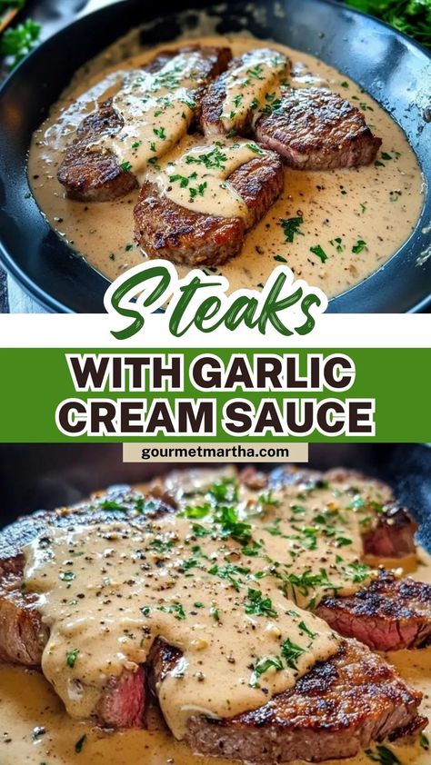 Elevate your dinner with these perfectly seared Steaks with Garlic Cream Sauce. Rich, creamy, and packed with garlicky goodness, this recipe takes your steak game to the next level. Ready to cook? Click for the recipe! #SteakDinner #GarlicCreamSauce #SteakRecipe #DinnerInspiration #EasyGourmet #SteakLovers #GarlicLovers #CreamySauce #QuickDinnerIdeas #DinnerTonight #FoodieFavorites #ComfortFood Steak With Garlic Cream Sauce, Garlic Cream Sauce For Steak, Steak With Ghostly Bourbon Garlic Cream Sauce, Garlic Sauce For Steak, Garlic Steak Sauce, Steak Cream Sauce, Steak Sauce Recipe, Steak Sauce Recipes, Steak Dinner Recipes