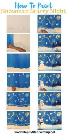 Full tutorial!! How To Paint Snowman Starry Night - Tracie's Acrylic Canvas Tutorials. Step by step painting for the absolute beginner of all ages. FREE tutorial! #snowmanpainting #stepbysteppainting #starrynight #paintingtutorialsforbeginners Juleverksted For Barn, Winter Art Projects, Canvas Painting Tutorials, Ecole Art, Snowman Painting, Homeschool Art, Christmas Canvas, Paint And Sip, Step By Step Painting